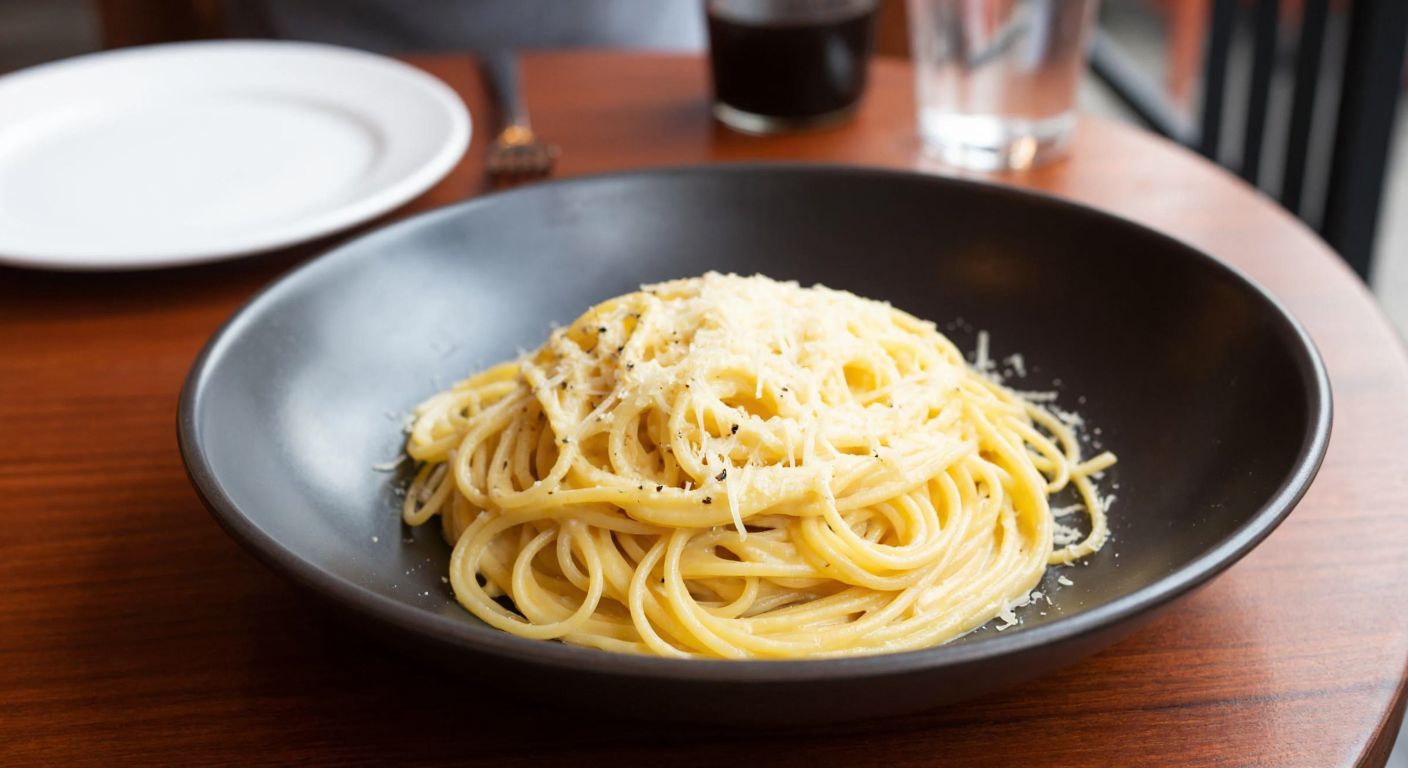 A steaming plate of golden spaghetti coated in creamy Pecorino Romano cheese, generously dusted with freshly ground black pepper, resting on a rustic wooden table in a cozy Italian trattoria.