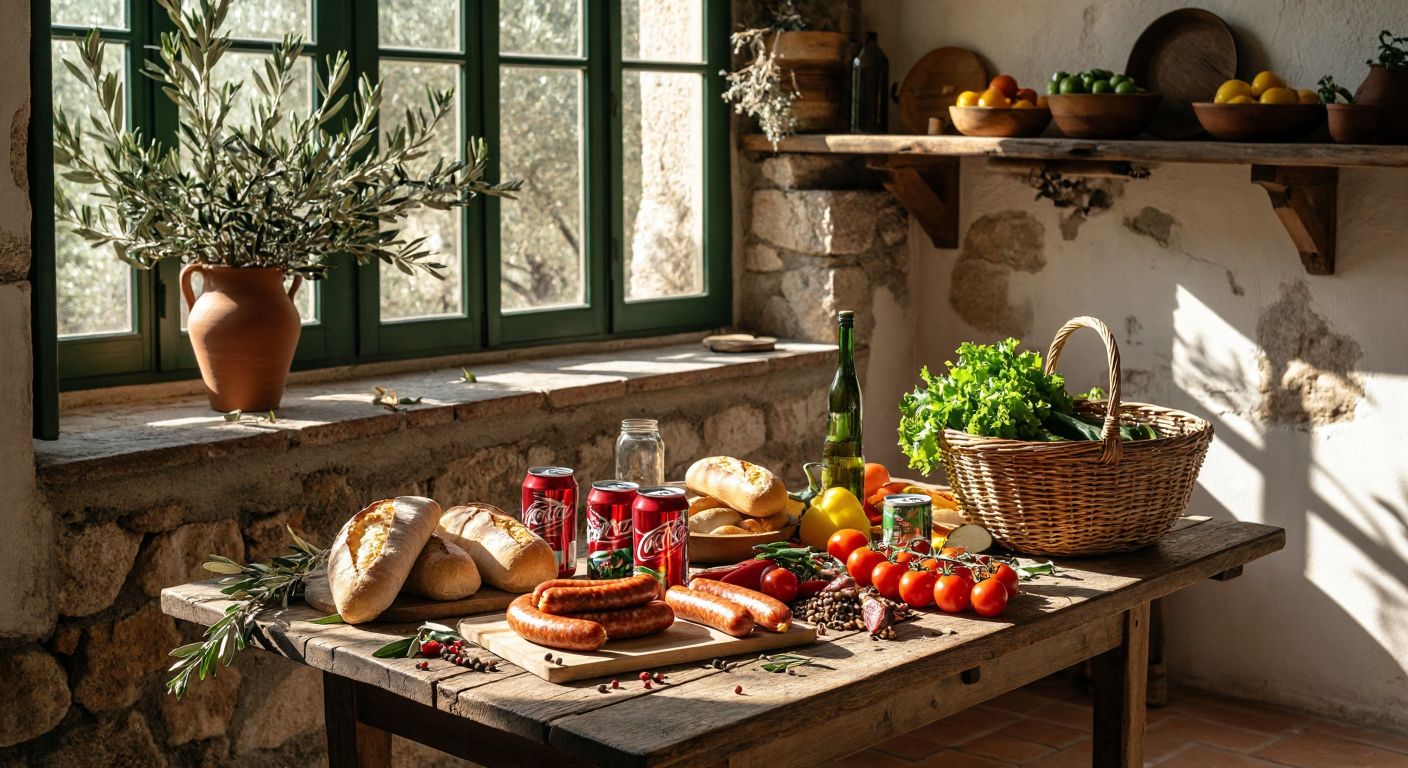 A rustic wooden table in a sunlit Mediterranean kitchen is cluttered with forbidden foods—sausages, white bread, soda cans, and packaged snacks—while a fresh olive branch and colorful vegetables spill from a woven basket nearby, symbolizing the contrast between processed and natural choices.
