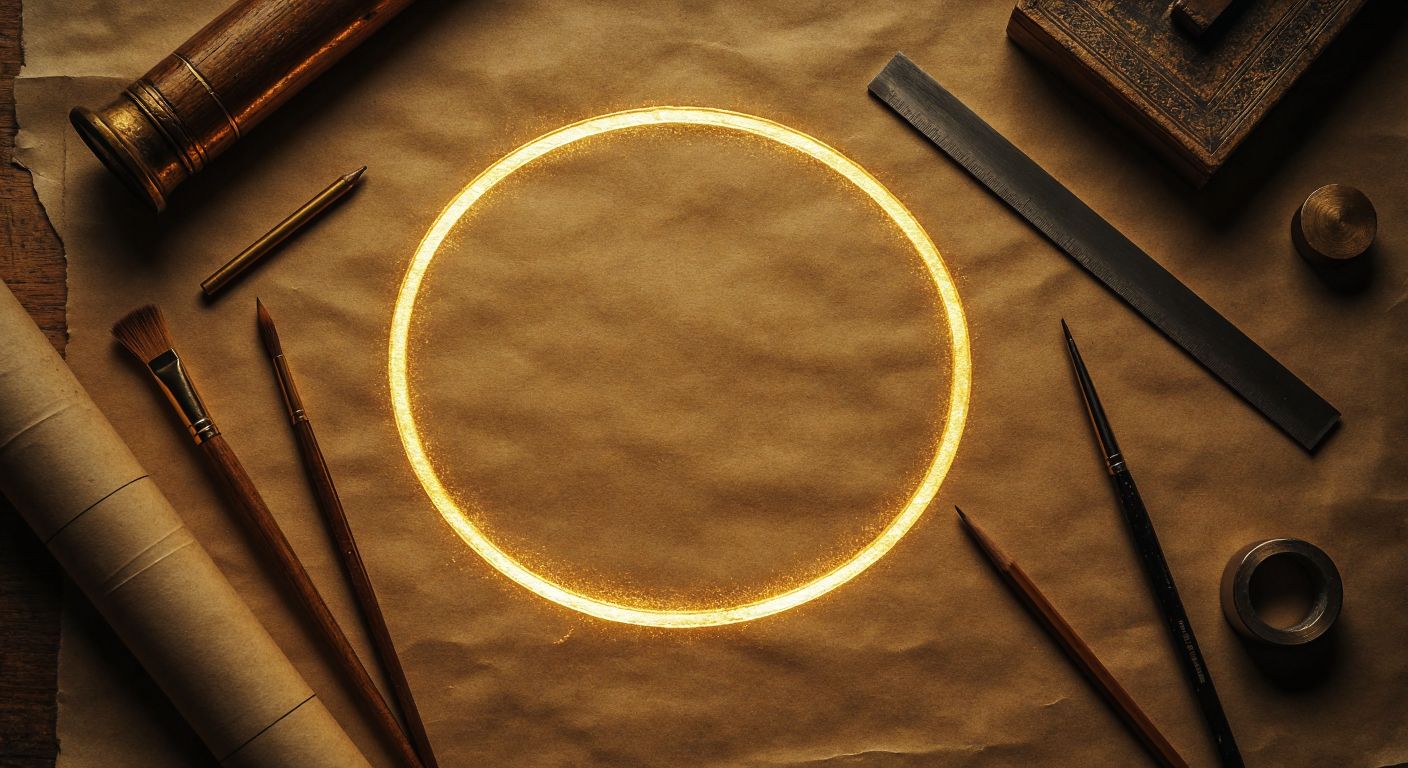 A glowing golden circle with a bold diameter line cutting through it, resting on a parchment-like background with geometric tools nearby.