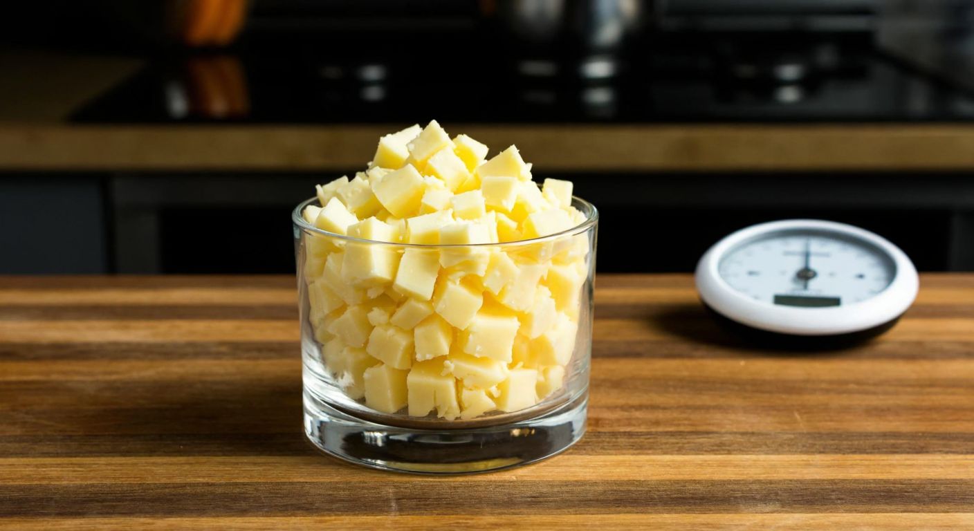 A glass cup filled with crumbled yellow kaşar cheese on a wooden table in a Turkish kitchen, with a small kitchen scale nearby showing a weight measurement.