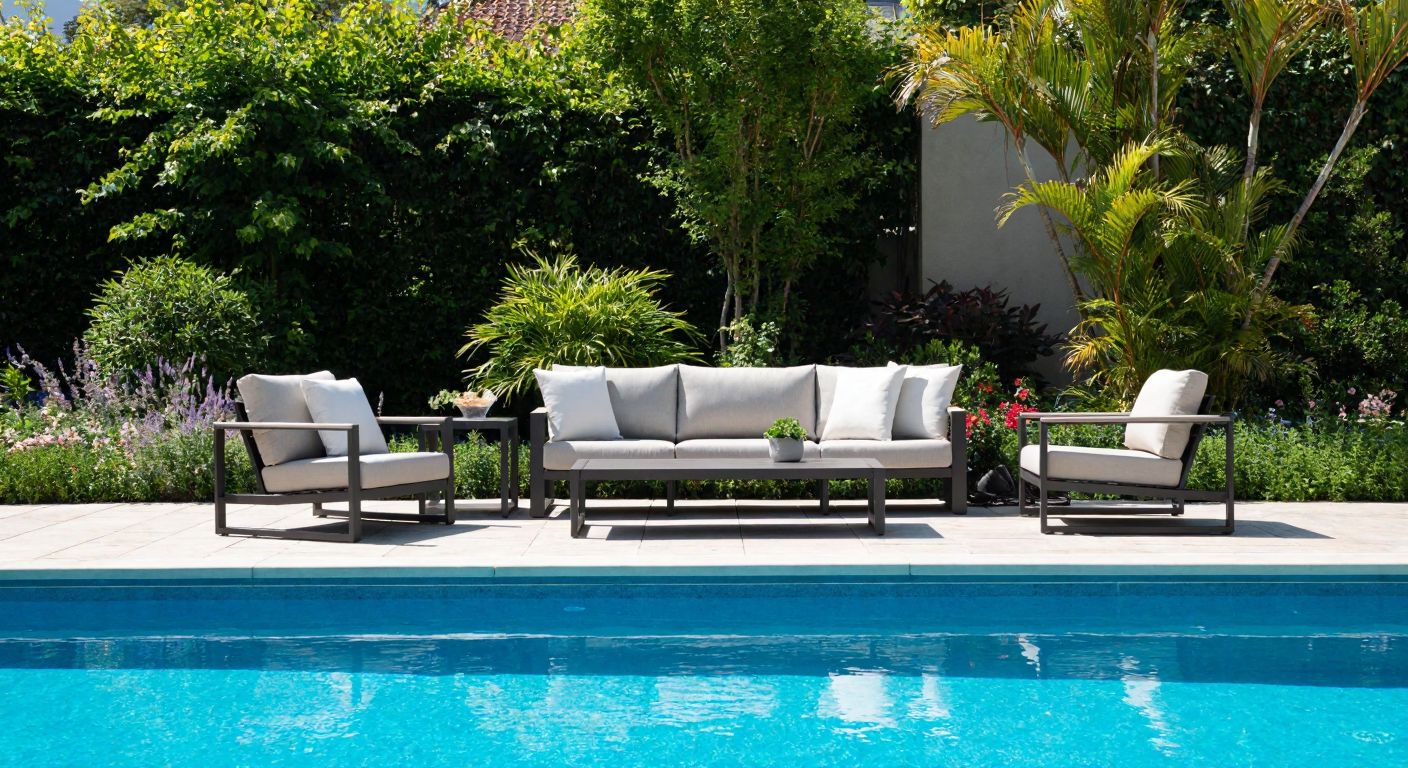 A sunlit Turkish poolside with a sleek aluminum seating group featuring water-resistant cushions, surrounded by lush greenery and a sparkling blue pool.