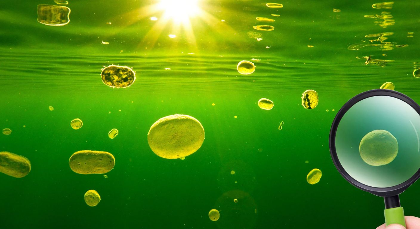 A vibrant green pond with sunlight filtering through the water, showcasing clusters of algae floating among diverse microscopic protists under a magnifying lens.