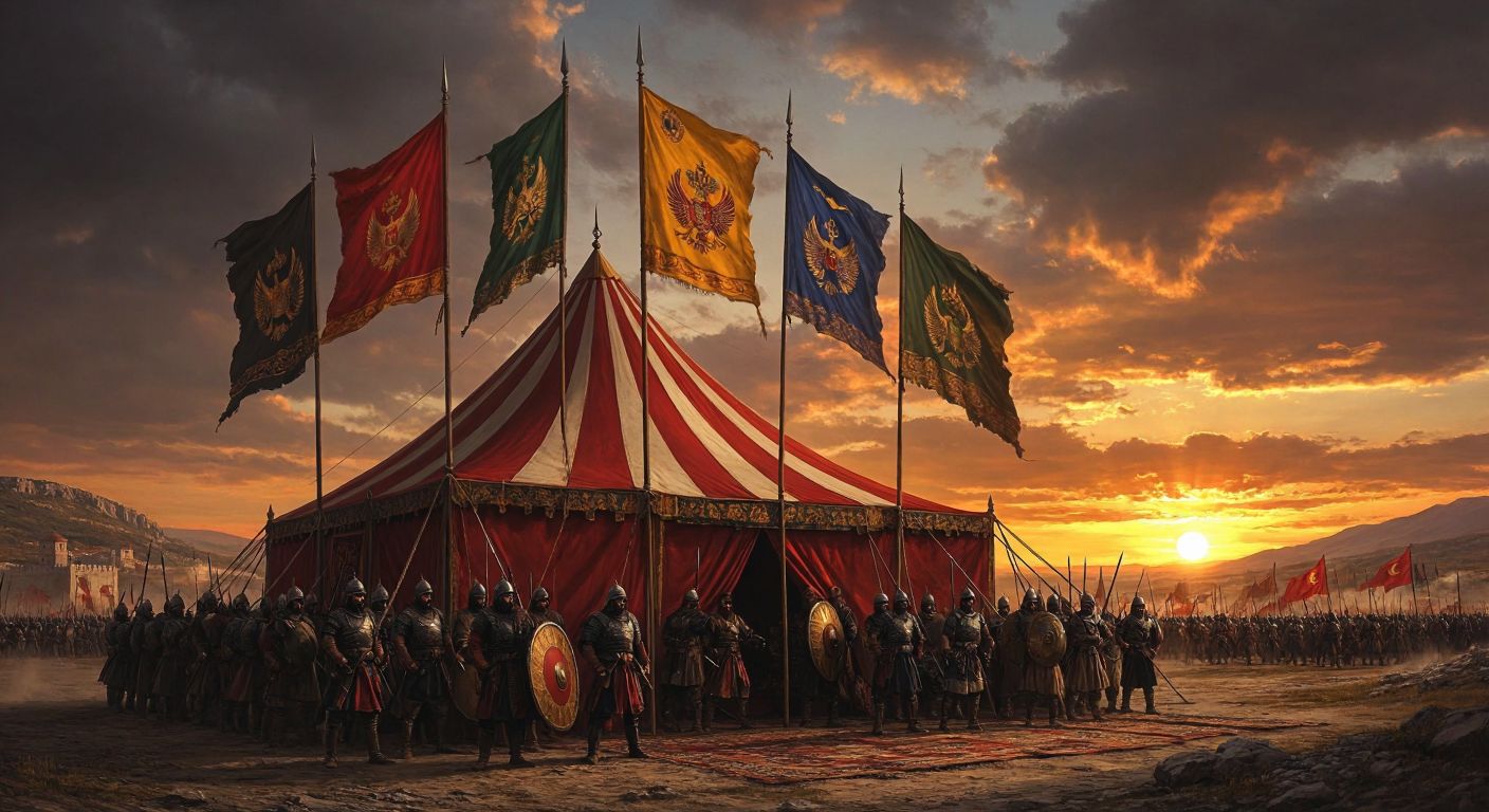 A grand Ottoman war tent with four distinct banners representing the Balkan, Eastern, Mediterranean, and Northern fronts, surrounded by armored soldiers and historical weaponry under a dramatic sunset.