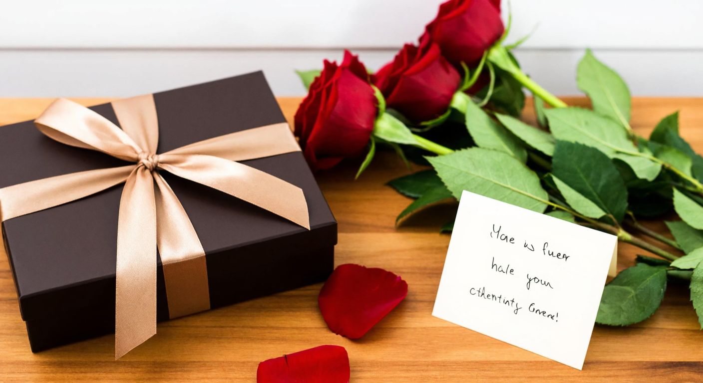 A beautifully wrapped Godiva chocolate gift box with a satin ribbon, placed on a wooden table beside a small handwritten note and fresh red roses, evoking warmth and celebration.