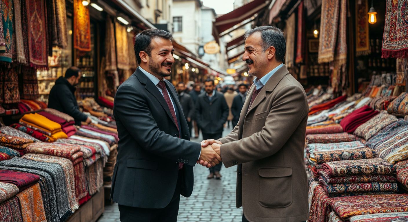 A Turkish businessman shaking hands with a satisfied customer in a bustling Istanbul bazaar, surrounded by vibrant textiles and the aroma of freshly brewed çay, symbolizing trust and reputation.