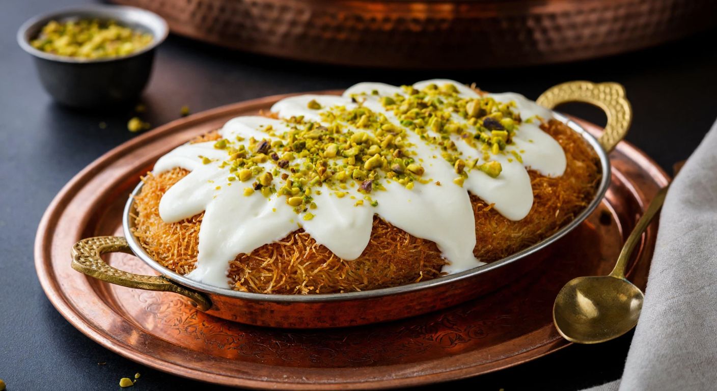A golden-brown tray of crispy kadayıf topped with creamy white muhallebi, drizzled with thick cream, garnished with crushed pistachios, resting on a traditional Turkish copper tray with a wooden spoon beside it.