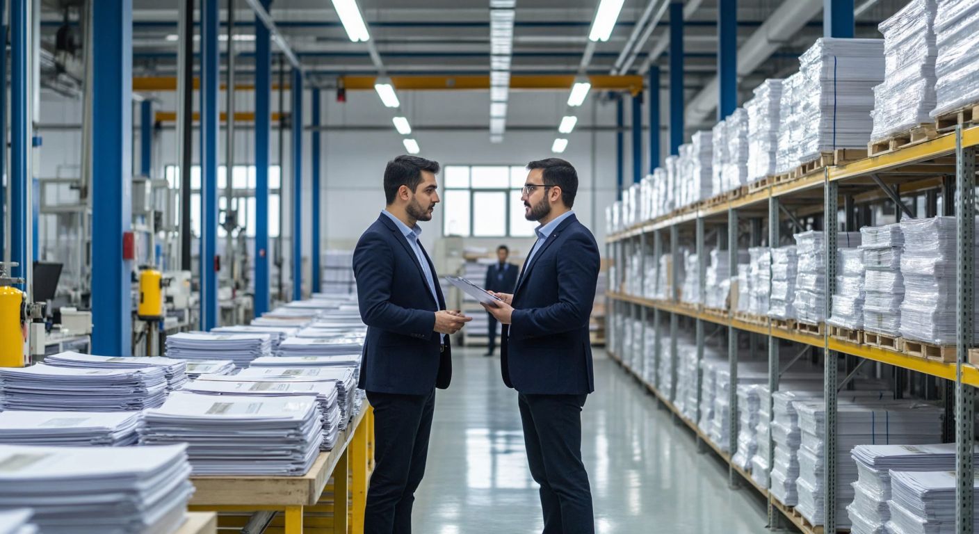 A professional auditor in a formal suit examines factory workers in a bright, organized Turkish textile facility, with stacks of documents and safety equipment visible in the background.