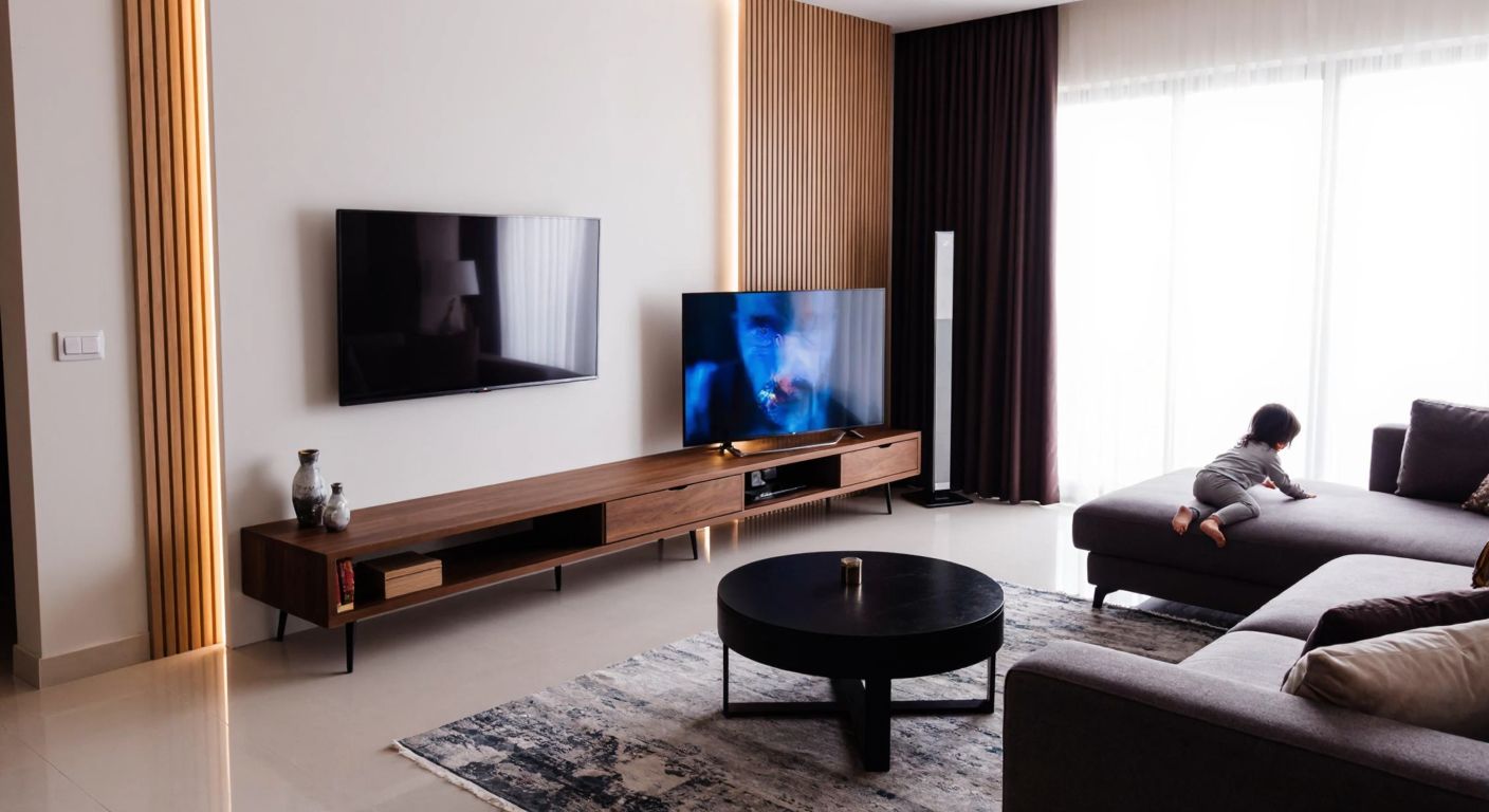 A modern Turkish living room with a flat-screen TV mounted on a white wall above a wooden console table, while a standing TV on a sleek black stand sits nearby, surrounded by plush sofas and a child playing safely on a patterned rug.