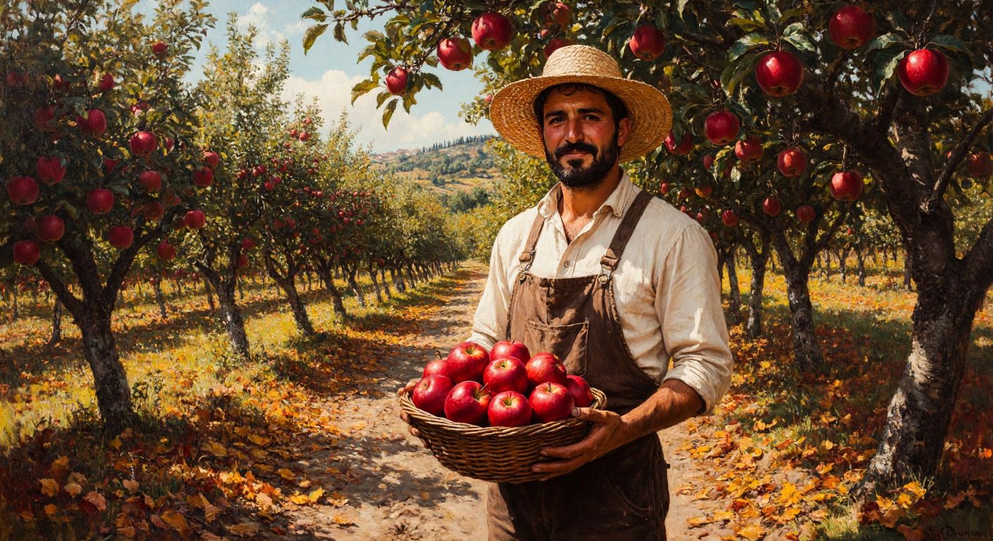 A Turkish farmer in a sunlit orchard, wearing a straw hat and holding a basket of ripe red **Süper Şef** apples, with autumn leaves scattered on the ground.