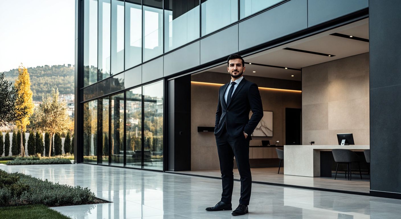 A modern Turkish corporate office with a sleek glass facade, where a confident executive in a sharp suit stands beside a polished ceramic tile display, symbolizing ownership and leadership in the ceramics industry.