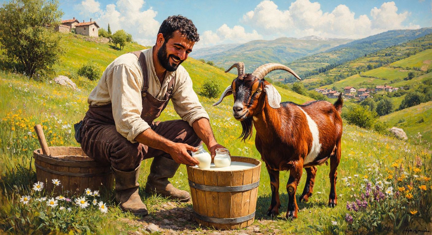 A smiling Turkish farmer in a sunlit pasture gently milking a brown goat, with a wooden bucket of fresh milk beside them, surrounded by green hills and wildflowers.