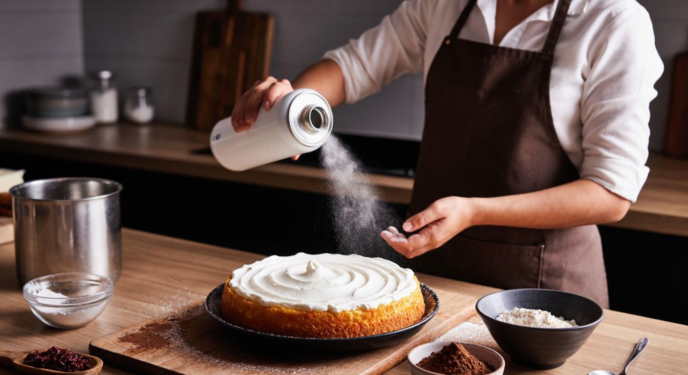 A person in a Turkish kitchen, wearing an apron, carefully spraying fluffy white whipped cream from a chilled can onto a freshly baked dessert, with a bowl of vanilla and cocoa powder nearby.