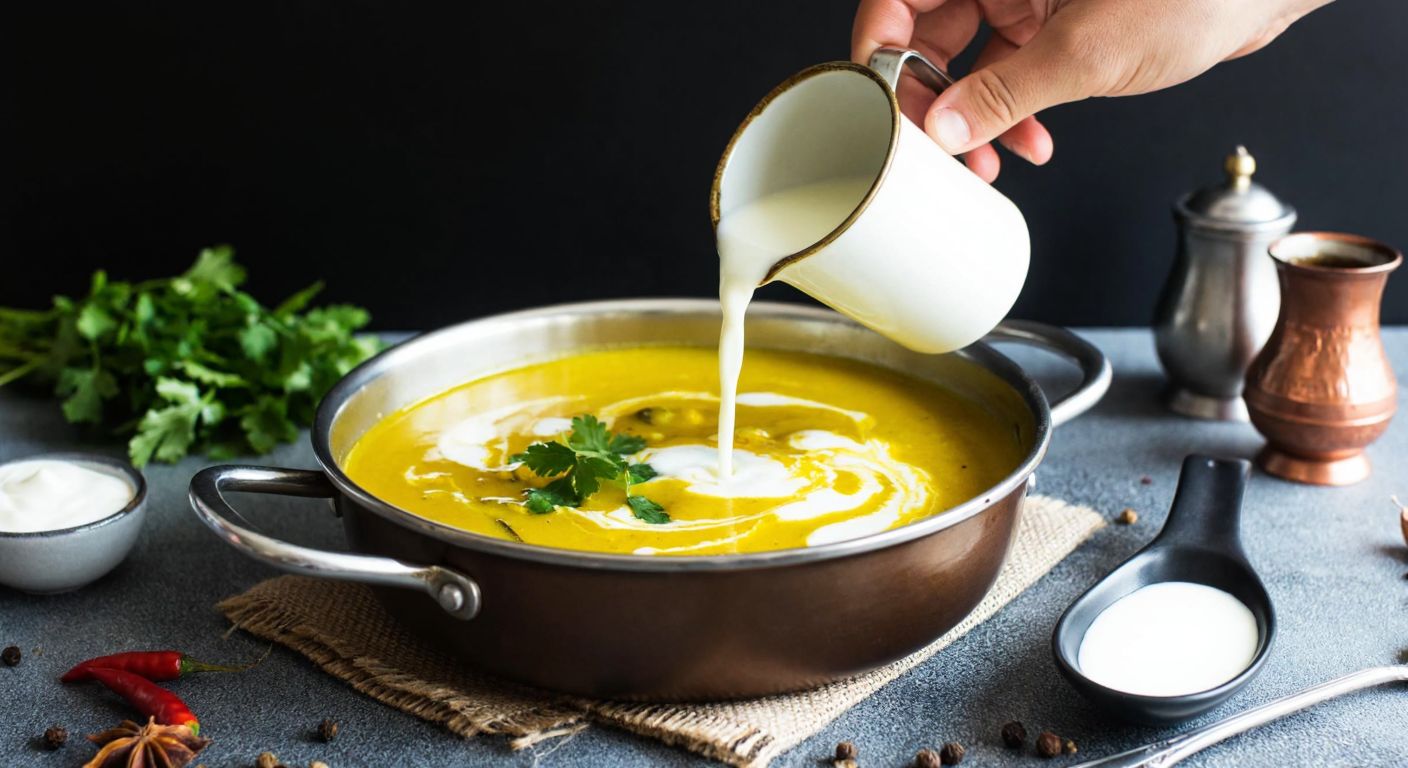 A steaming pot of golden curry sauce with a small Turkish coffee cup pouring creamy milk into it, surrounded by fresh spices and herbs on a rustic kitchen counter.
