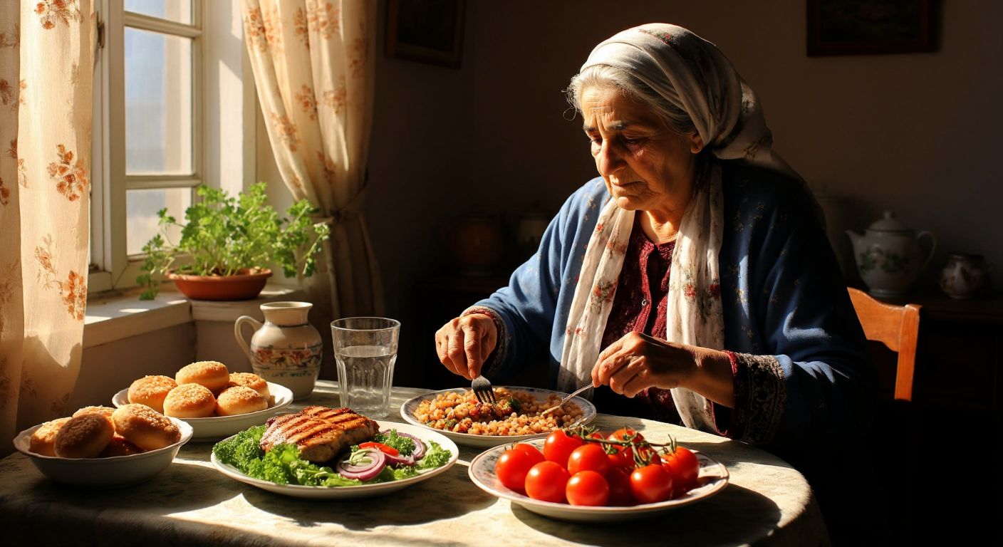 A frail but hopeful elderly Turkish woman sits at a sunlit kitchen table, carefully arranging a balanced plate of grilled chicken, boiled lentils, fresh washed vegetables, and a glass of water, while avoiding a plate of sugary pastries nearby.