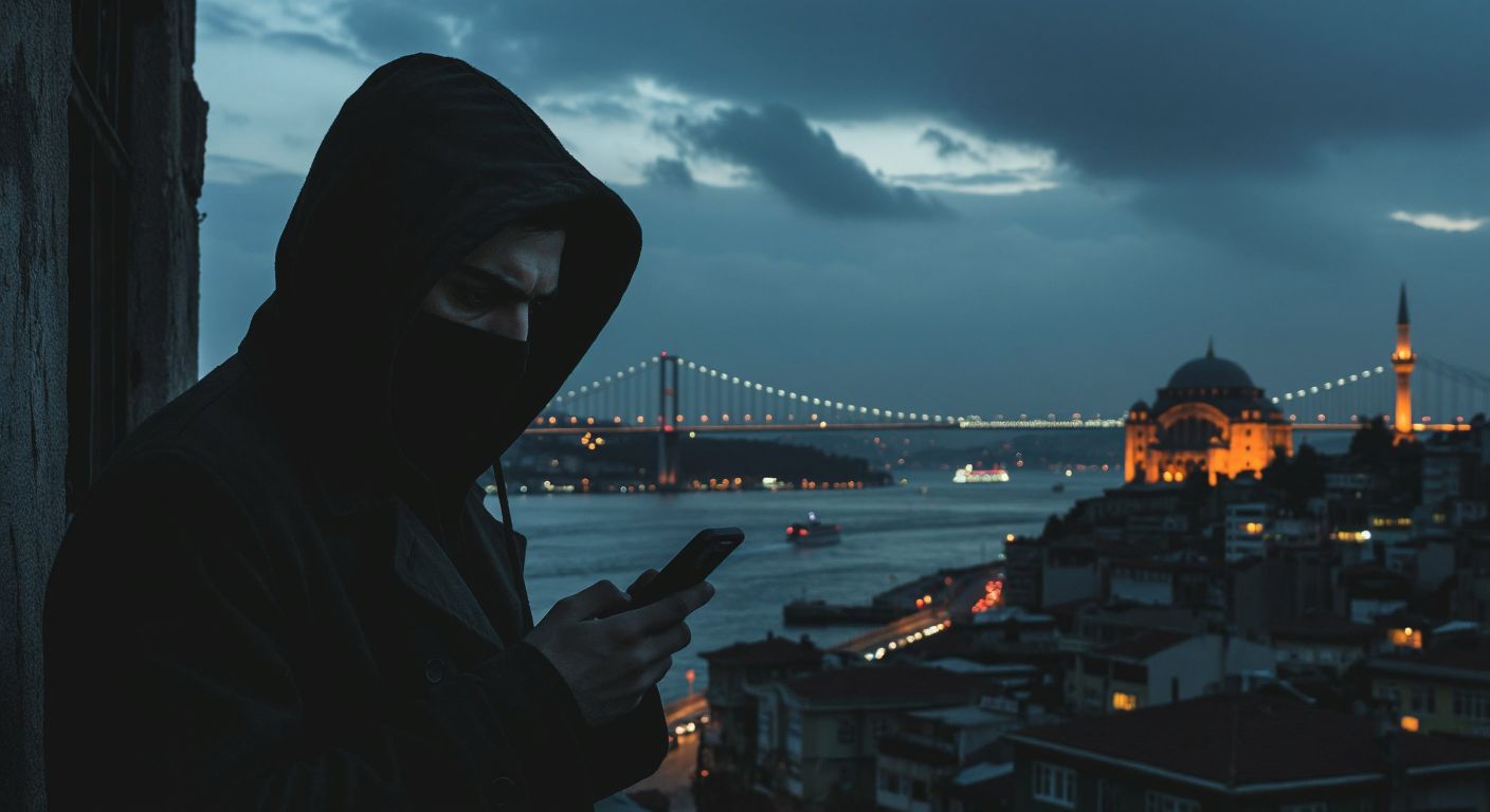A shadowy figure in Istanbul holds a ringing phone with a suspicious expression, while the Bosphorus Bridge glows faintly in the background.