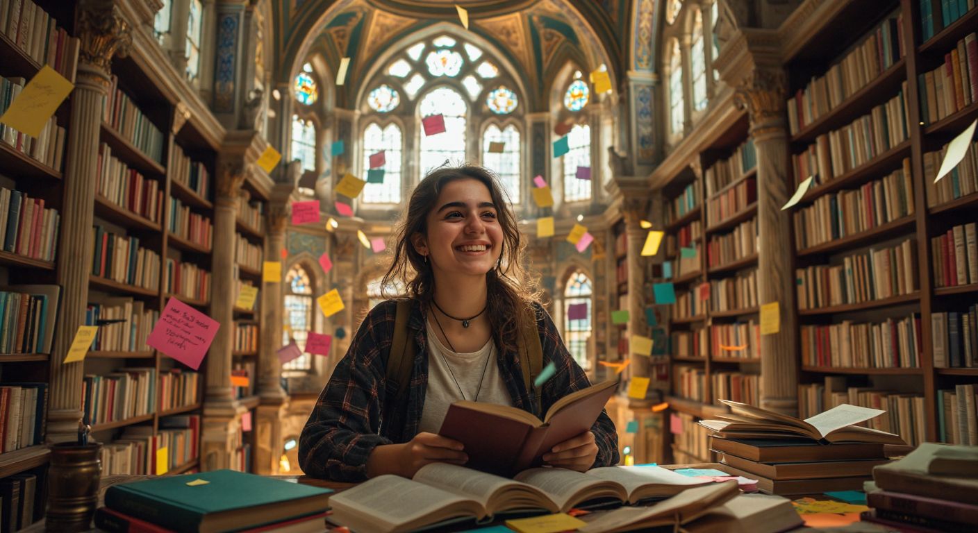 A young student in a cozy Turkish study room, surrounded by colorful sticky notes and sketches, smiling as they visualize a grand palace filled with floating books and glowing pathways.