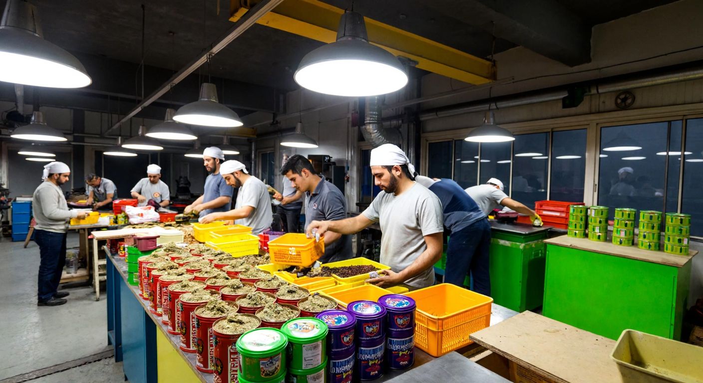 A bustling industrial workshop in Çerkezköy, Turkey, with workers in casual attire carefully packing aromatic nargile tobacco into colorful tins under warm overhead lights.