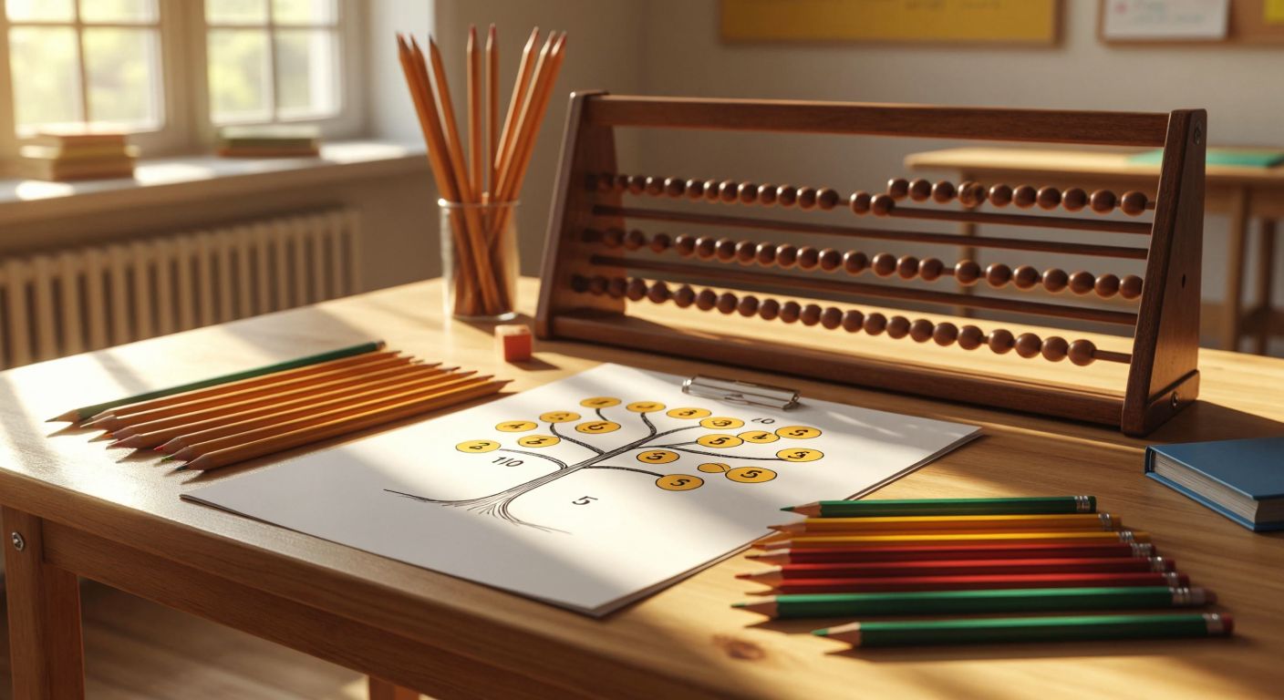 A wooden classroom desk with a sheet of paper showing a factor tree for the number 180, branching into the prime numbers 2, 3, and 5, surrounded by scattered pencils and an abacus in warm sunlight.