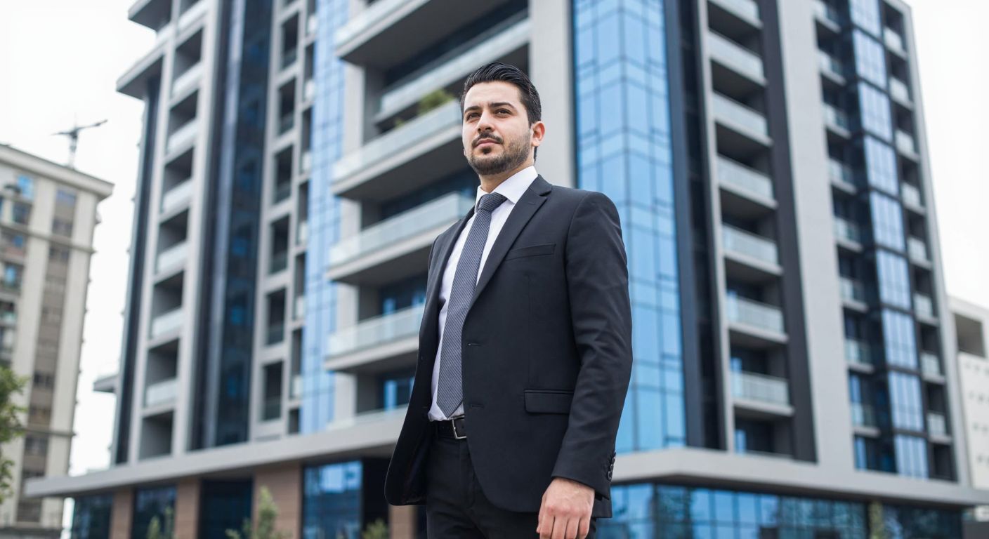 A modern Turkish businessman in a sharp suit stands confidently in front of a sleek high-rise building in Esenyurt, symbolizing leadership and real estate development.