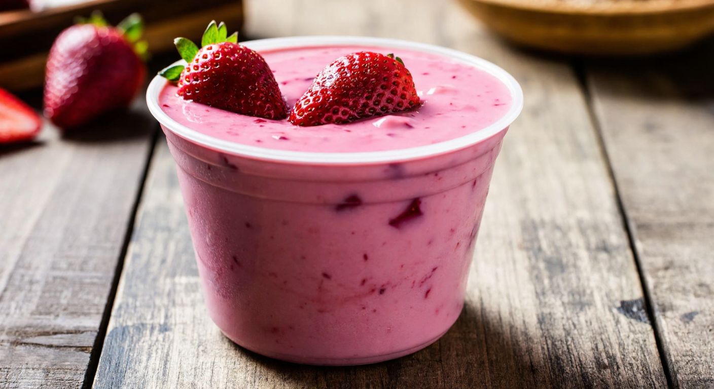 A small, creamy pink strawberry-flavored yogurt cup with fresh strawberries, a splash of milk, and a hint of beetroot color, placed on a rustic wooden table in a Turkish kitchen.