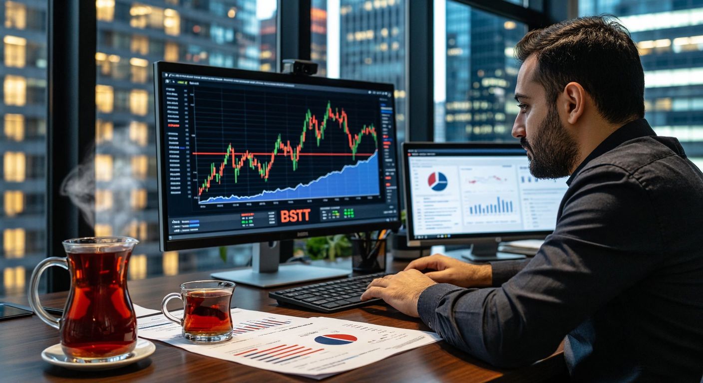 A Turkish investor in a modern office studies a rising stock chart on a monitor, surrounded by documents labeled with BIST logos, while a steaming cup of Turkish tea sits on the desk.