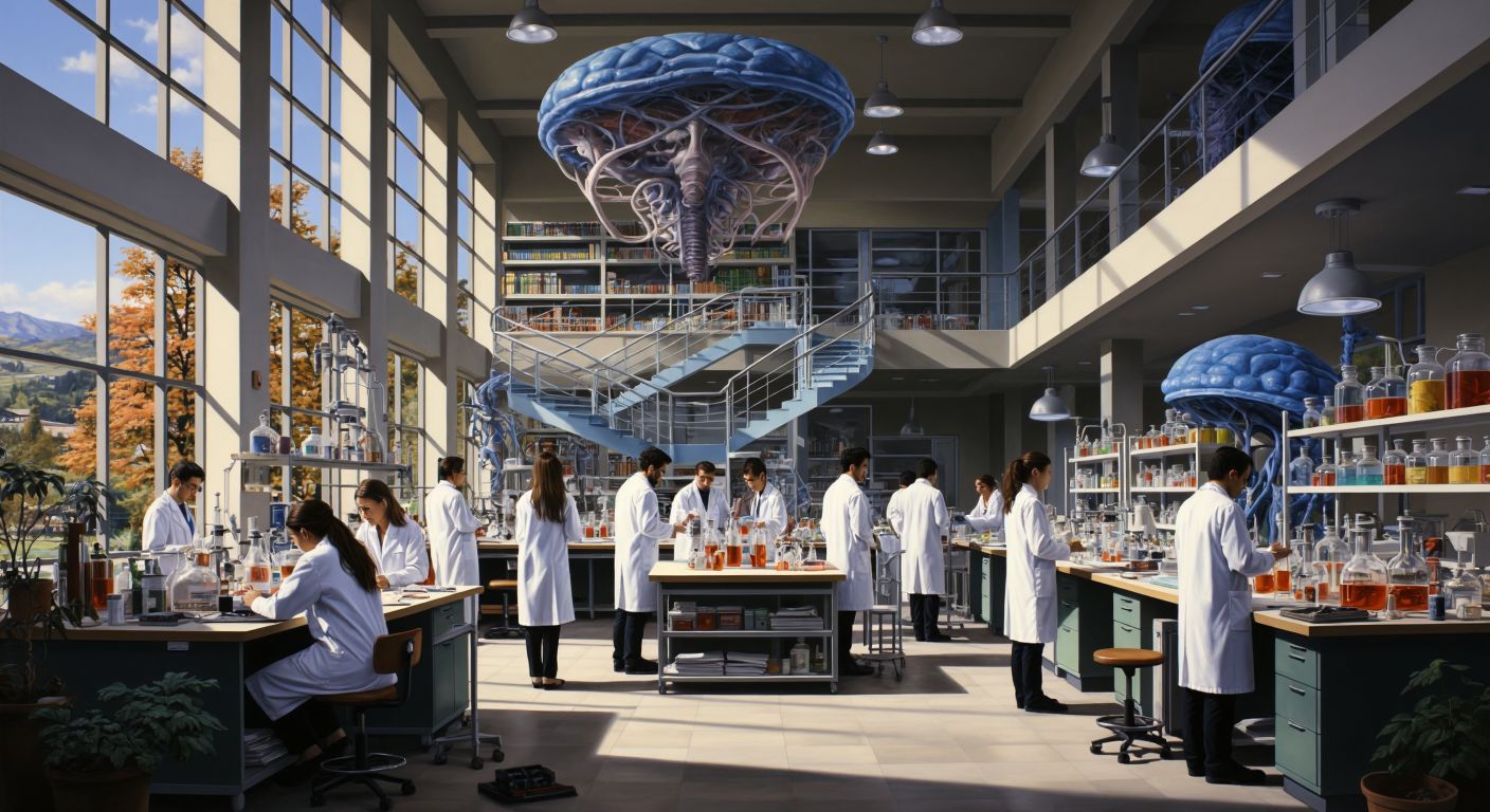 A modern Turkish high school building with students in white lab coats conducting science experiments, surrounded by shelves of colorful chemicals and anatomical models, while others in professional attire discuss legal books or engineering blueprints.