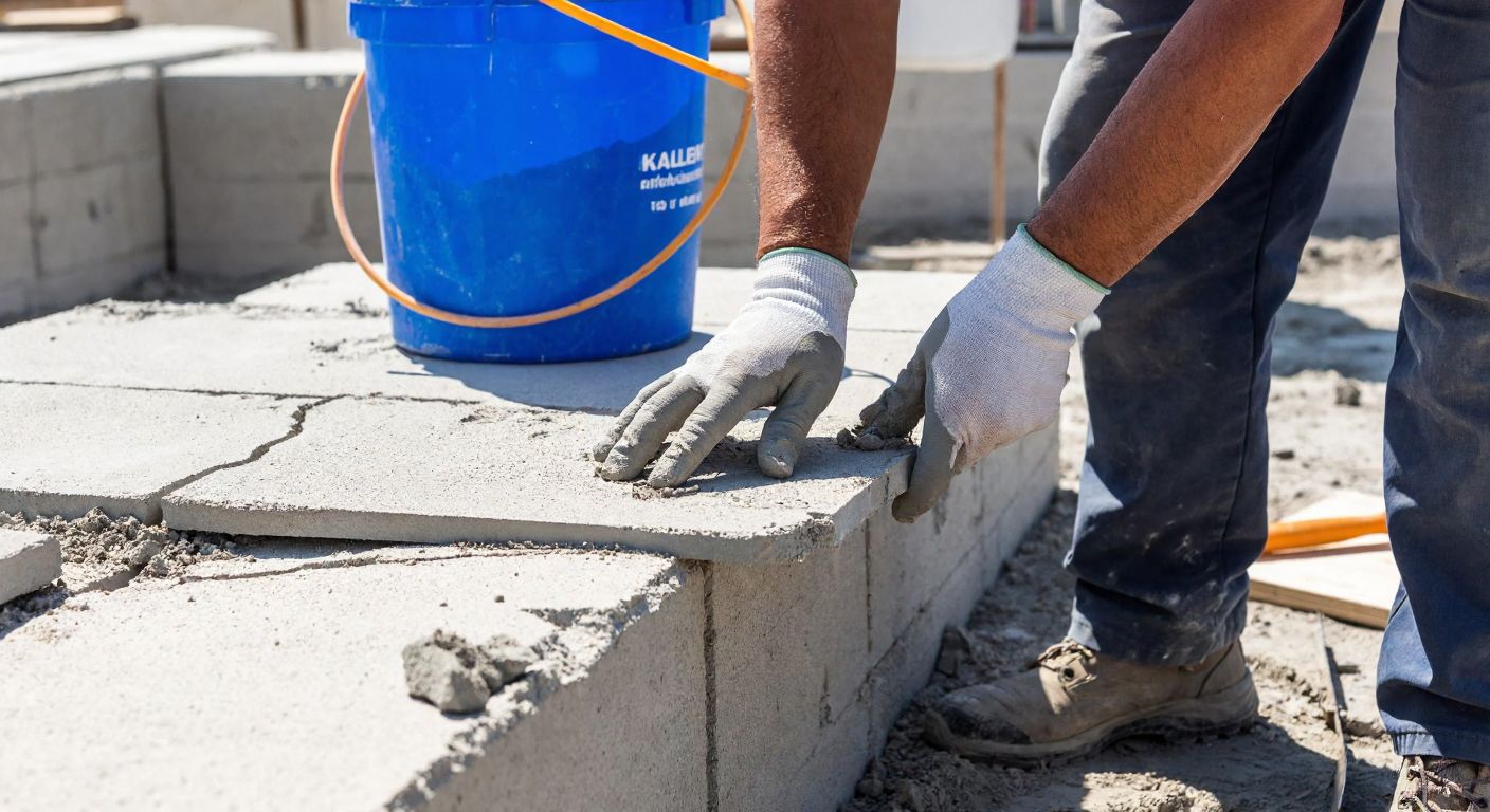 A close-up of a worker’s hands smoothing Kalekim repair mortar over a cracked concrete wall in a sunlit Turkish construction site, with tools and a bucket nearby.