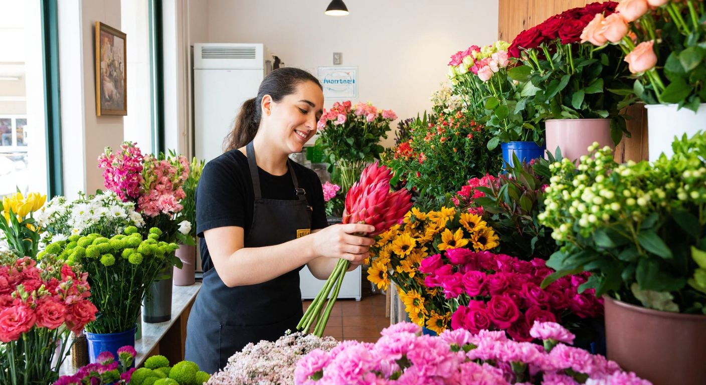 A cheerful florist in Cyprus arranging a vibrant bouquet of fresh flowers, surrounded by colorful blooms in a small shop with a warm, inviting atmosphere.