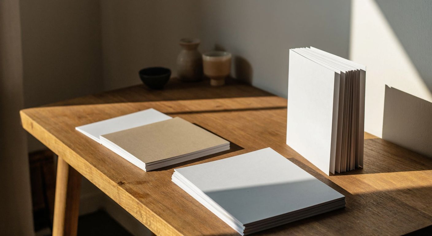 A neatly folded Z-shaped brochure on a wooden table, with two sample paper stacks beside it—one matte and one glossy—under warm Turkish workshop lighting.