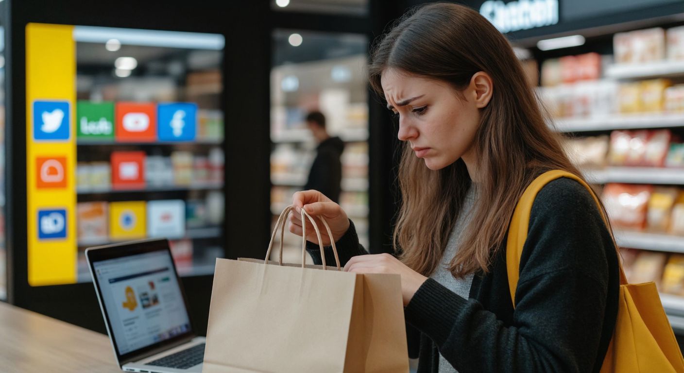 A disappointed shopper in Germany holds an empty shopping bag while glancing at a laptop screen displaying colorful logos of local e-commerce sites.