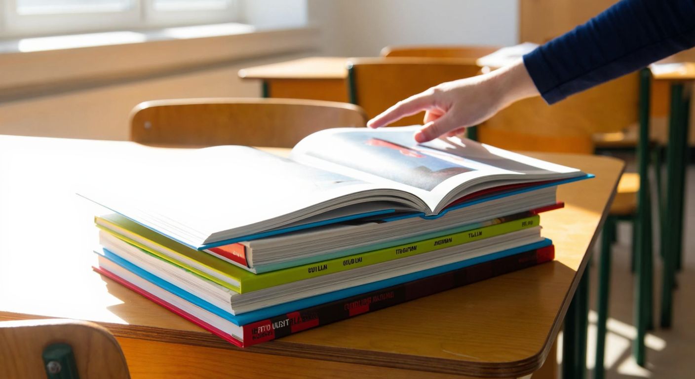A stack of colorful Turkish high school textbooks with one open to page 91, resting on a wooden desk in a sunlit classroom with a student's hand pointing to the page.