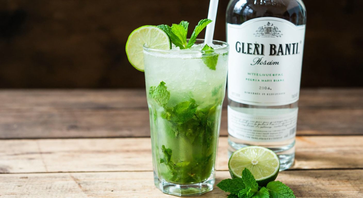 A tall, frosty glass filled with a vibrant green mojito, garnished with fresh mint leaves and lime slices, resting on a rustic wooden table with a bottle of clear white rum beside it.