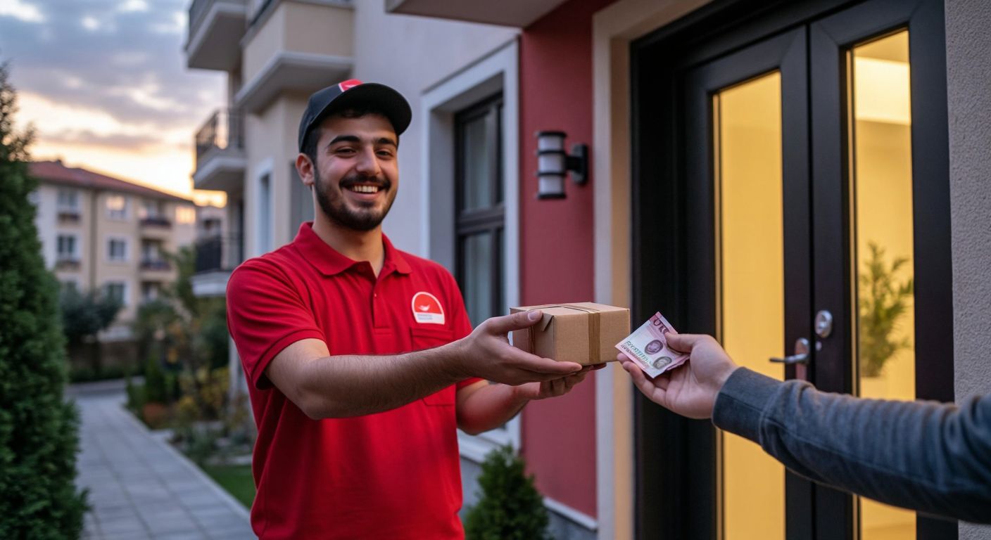 A smiling delivery worker in a red uniform holds a small package at a doorstep while a person extends their hand with a few Turkish lira bills, against the warm glow of a residential building in Istanbul.
