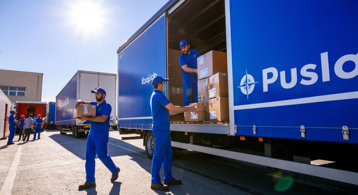 A bustling logistics warehouse in Ankara’s Ostim district, with workers in blue uniforms loading packages onto a branded Pusula Kargo truck under a bright sun.