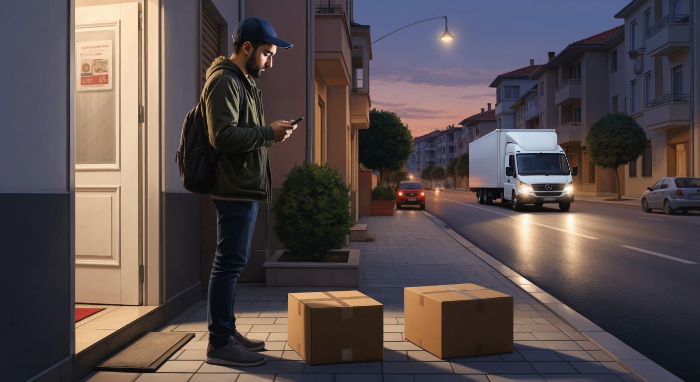 A person in Turkey checks their phone with a notification icon, standing near a package on a doorstep with a delivery truck driving away in the background.