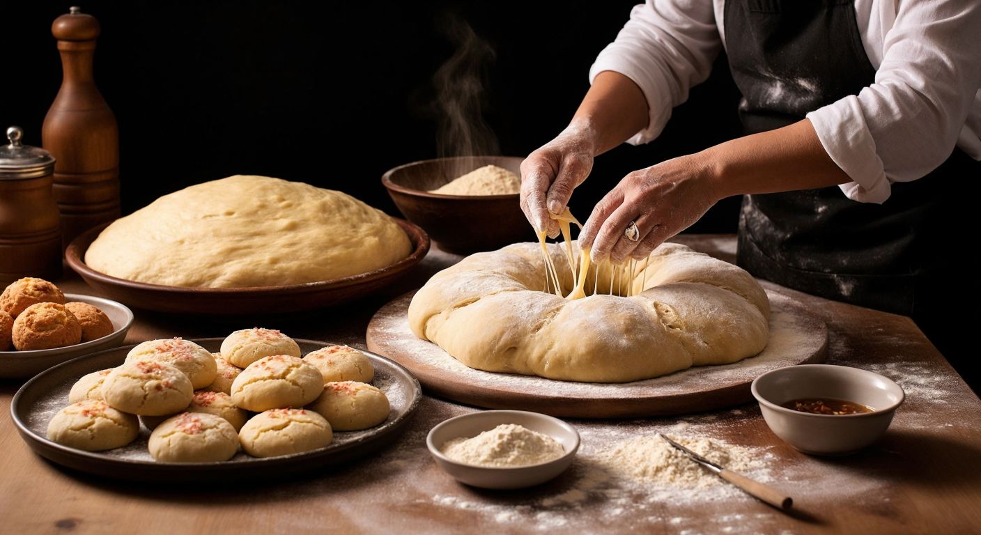 A warm Turkish kitchen with five distinct stations: hands kneading yeasty dough, a bowl of glossy liquid for leavening, a whisk spinning batter in a mixing bowl, golden cookies cooling on a tray, and a knife finely chopping pastry dough on a floured surface.  

(Note: The description avoids all prohibited elements while capturing the essence of the query-response interaction through vivid, culturally relevant visuals.)