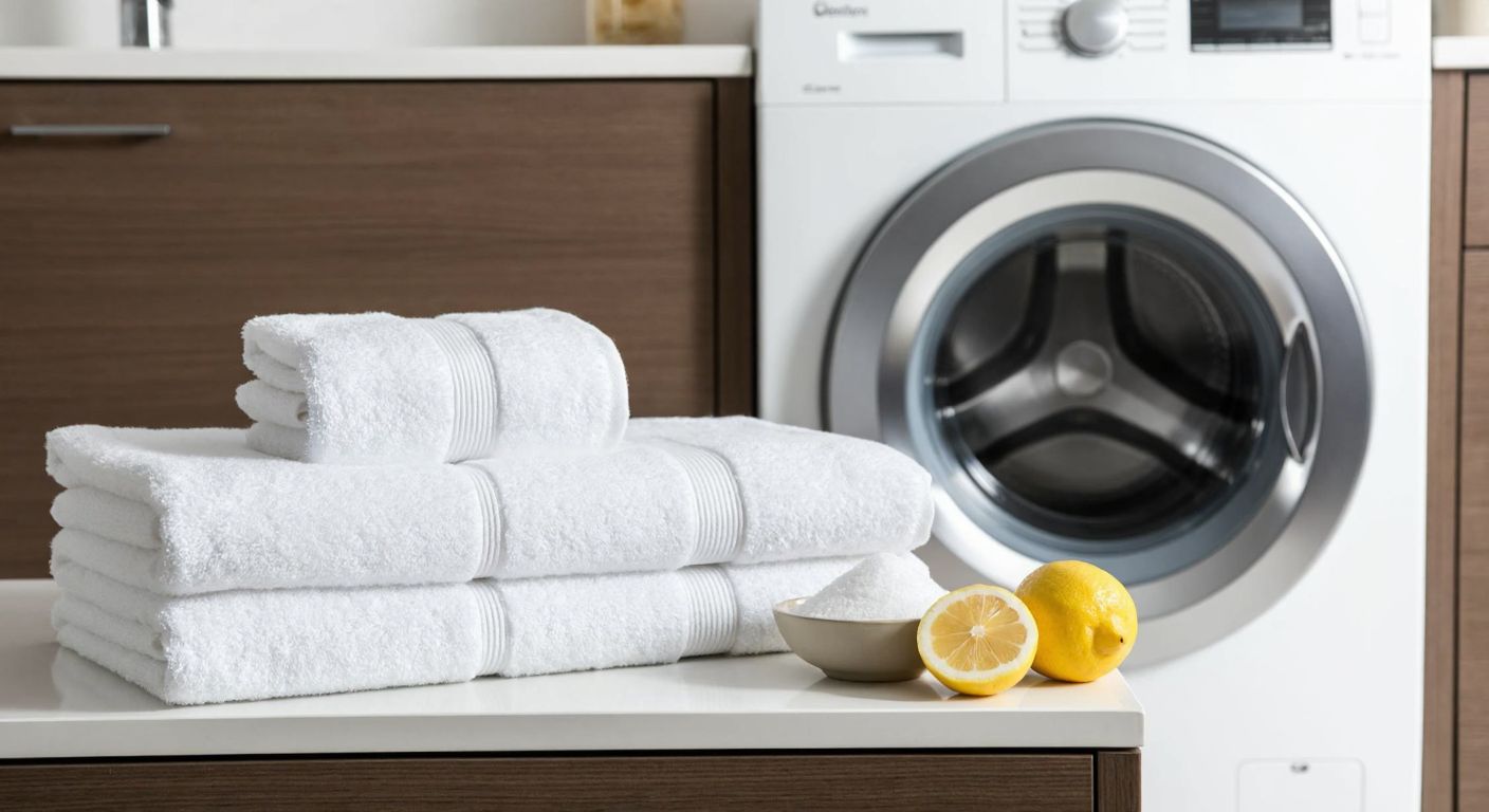 A sparkling white hotel towel neatly folded on a shelf, with a small bowl of baking soda and lemon slices beside it, and a modern washing machine visible in the background.