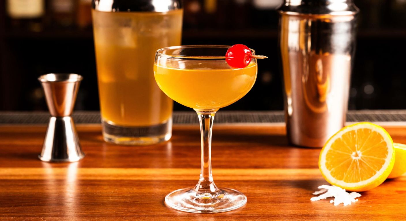 A crystal-clear glass filled with a golden-hued Maraschino liqueur, garnished with a bright red cherry, resting on a wooden bar counter beside a cocktail shaker and a slice of citrus, evoking a warm, inviting ambiance.