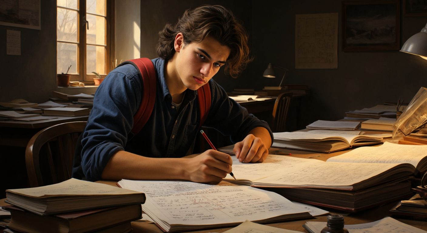 A focused Turkish high school student in a classroom, surrounded by scattered math notes and textbooks, solving polynomial equations on a sheet of paper with a determined expression.
