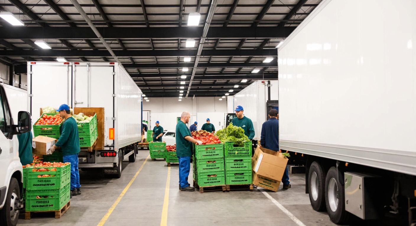 A bustling North American warehouse with workers in uniforms loading crates of fresh organic produce onto delivery trucks under bright fluorescent lights.
