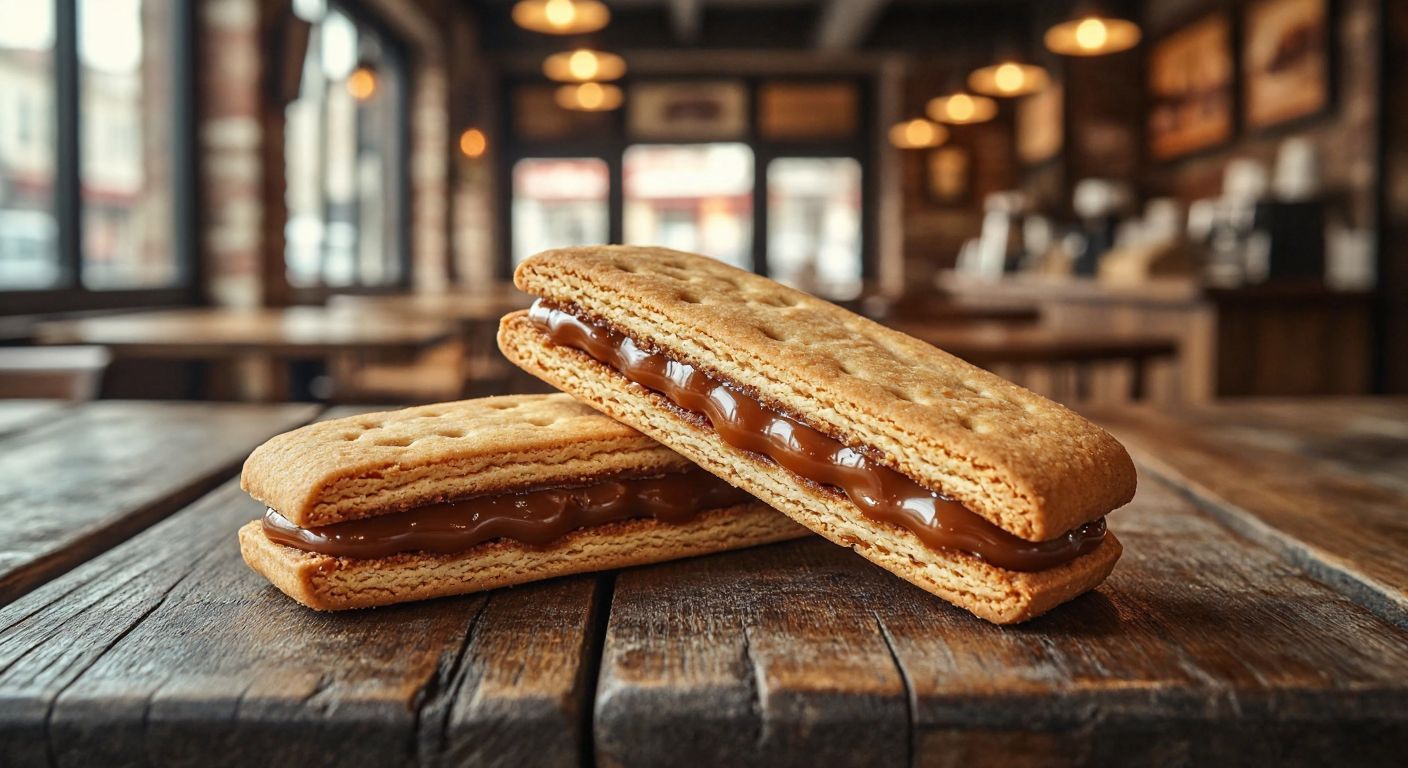 A close-up of a large, caramel-filled Eti Wanted biscuit with a golden-brown crust, placed on a rustic wooden table in a warmly lit Turkish café, evoking nostalgia and sweetness.