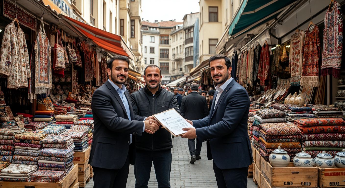 A bustling Turkish bazaar with merchants proudly displaying locally made goods like textiles and ceramics, while government officials hand out financial aid documents and businesspeople shake hands over stacks of export-ready crates.
