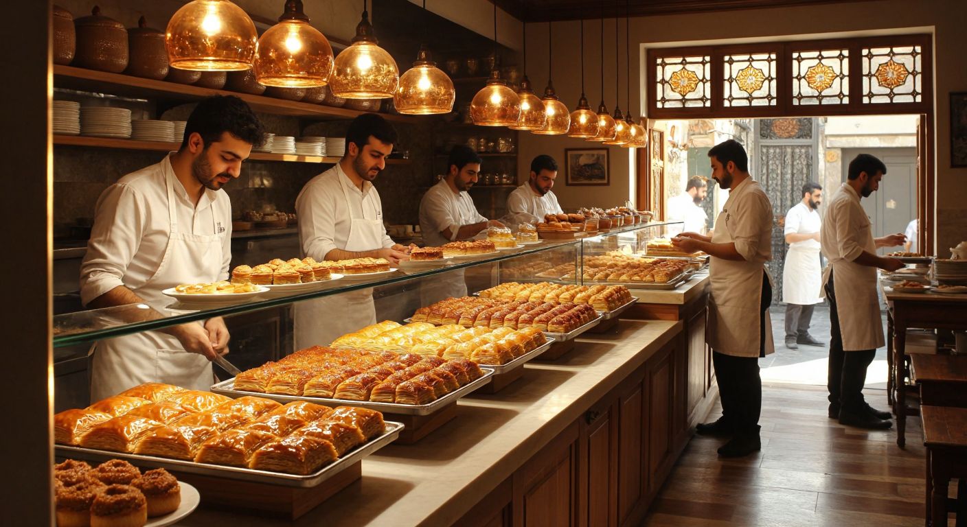 A warm, bustling Turkish pastry shop with trays of golden baklava, kadayıf, and börek displayed in a glass case, surrounded by cheerful bakers in white aprons and customers savoring desserts at wooden tables.