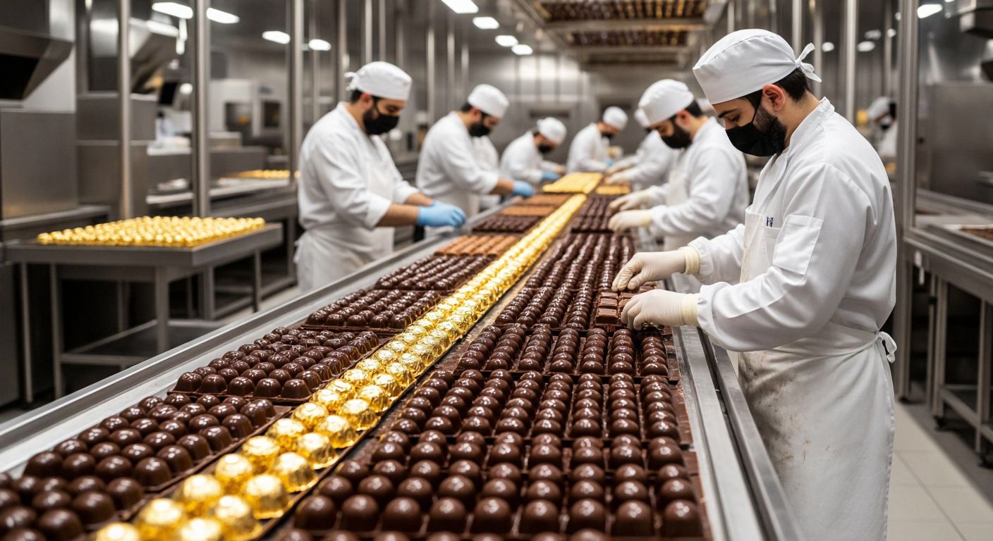 A bustling Turkish chocolate factory with workers in white uniforms carefully arranging rows of glossy chocolates, golden-wrapped jellies, and crisp biscuits on conveyor belts, surrounded by the rich aroma of cocoa.