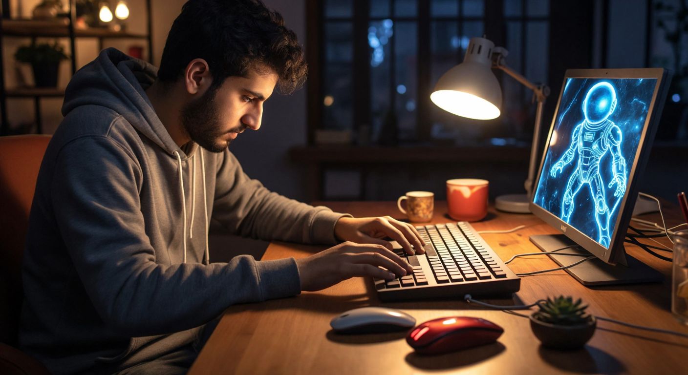 A person in Turkey sits at a wooden desk, fingers hovering over a keyboard with a focused expression, while a faint, glowing outline of an invisible space character hovers above the keys.
