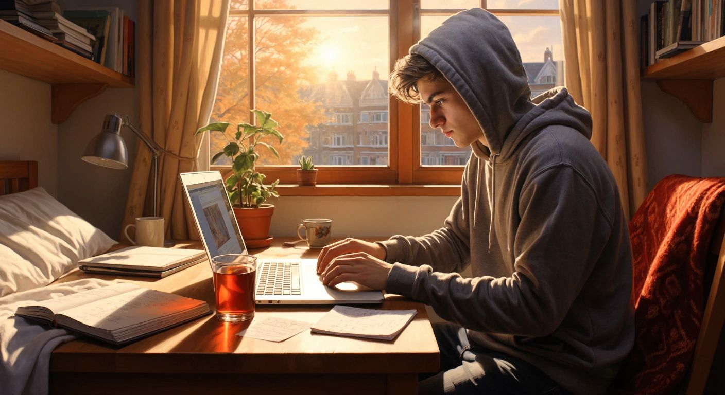 A young student in a university hoodie sits at a wooden desk in a sunlit dorm room, typing on a laptop with a focused expression, while a steaming cup of Turkish tea sits beside a notebook filled with handwritten reminders.