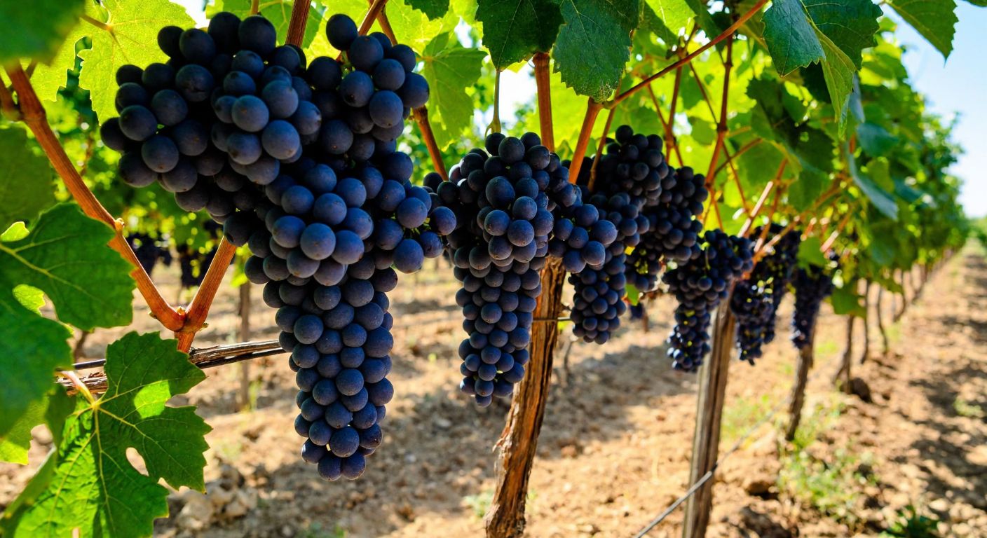 A sunlit Turkish vineyard with clusters of deep purple Isabella grapes hanging heavily from the vines, ready for harvest, evoking a sense of rustic abundance.
