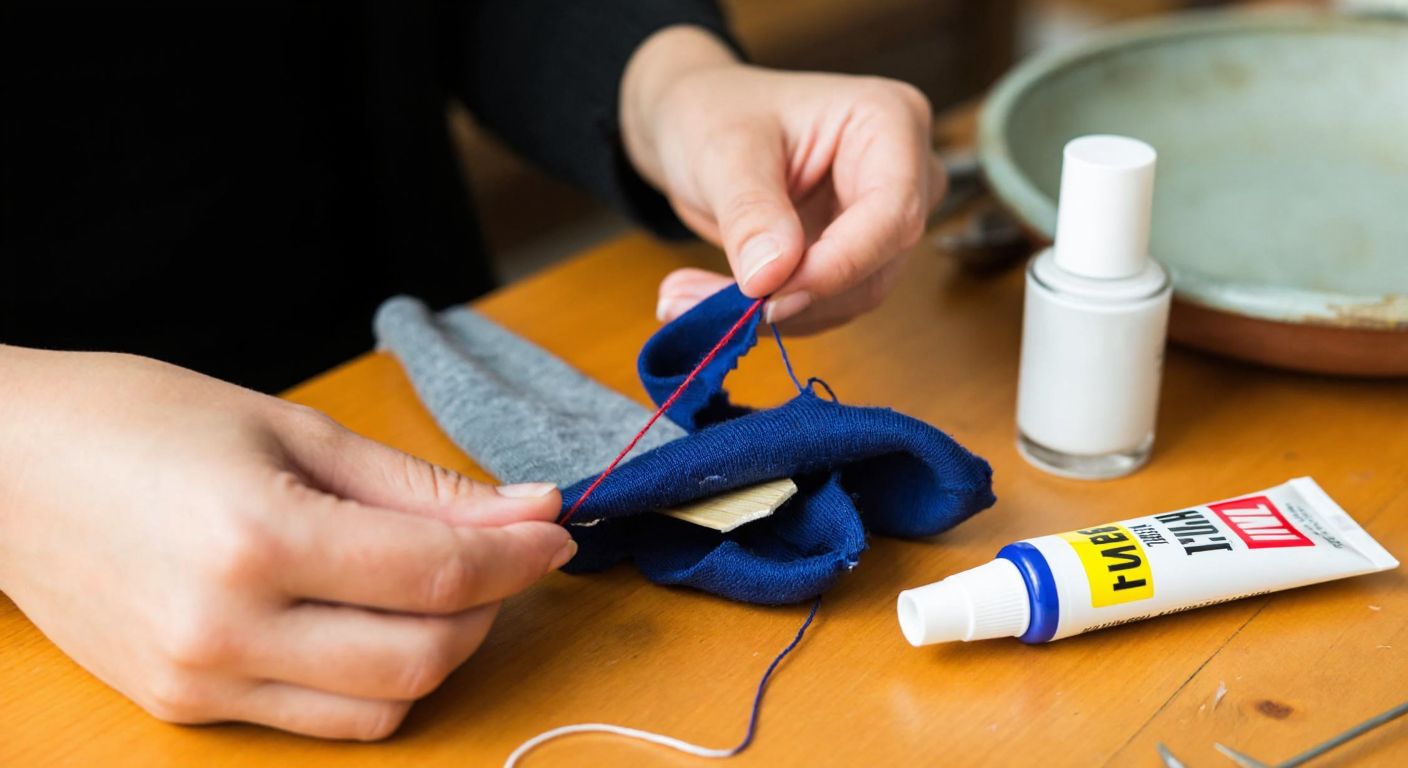 A close-up of a woman’s hands carefully stitching a torn sock with a needle and thread, surrounded by a small sewing kit, a bottle of clear nail polish, and a tube of super glue on a wooden table in a cozy Turkish home.