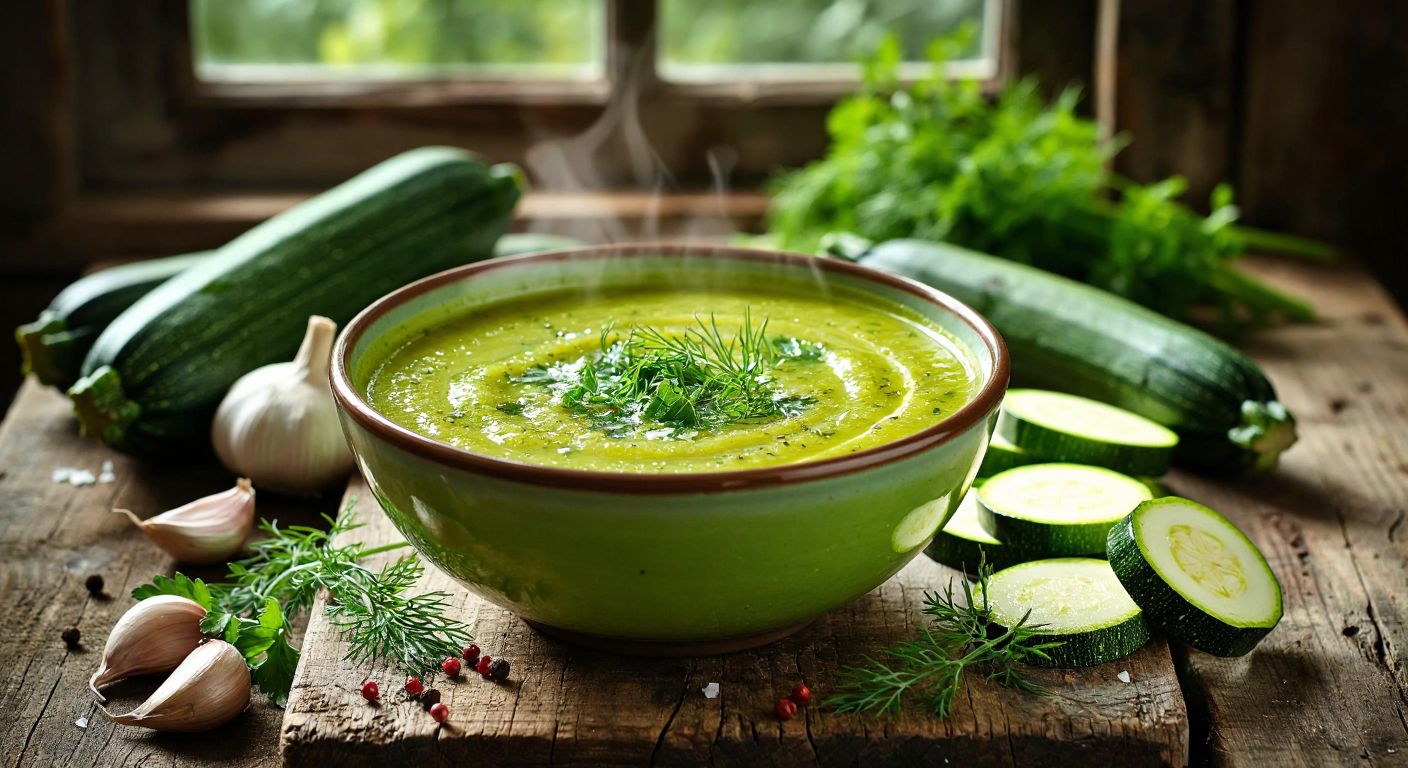 A steaming bowl of vibrant green zucchini soup, garnished with fresh dill, sits on a rustic wooden table in a sunlit Turkish kitchen, surrounded by fresh zucchini, onions, and garlic.