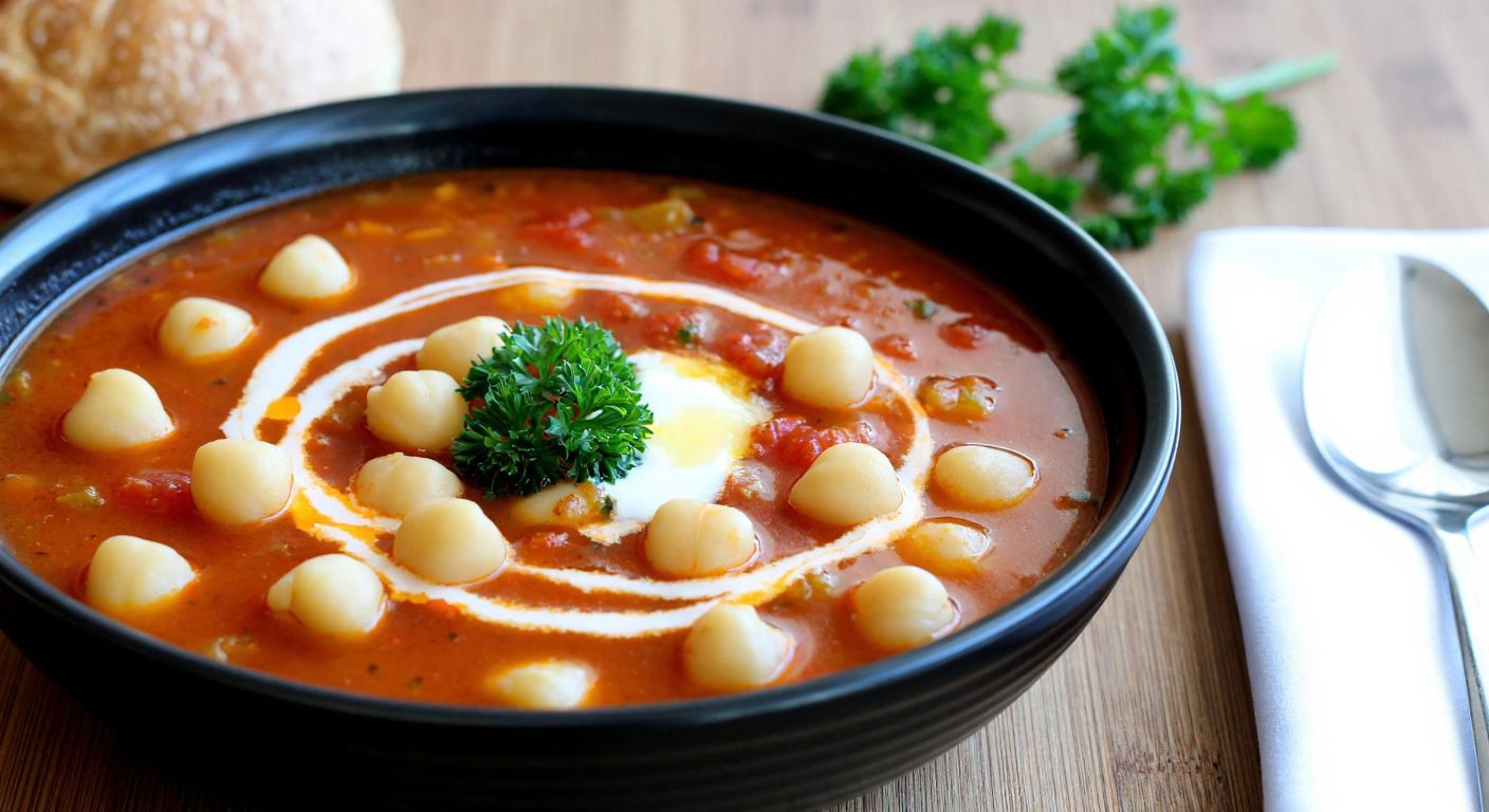 A steaming bowl of yüksük çorbası on a wooden table, filled with tiny dumplings, chickpeas, and a swirl of tomato paste, garnished with melted butter and a sprinkle of parsley, evoking warmth and comfort.